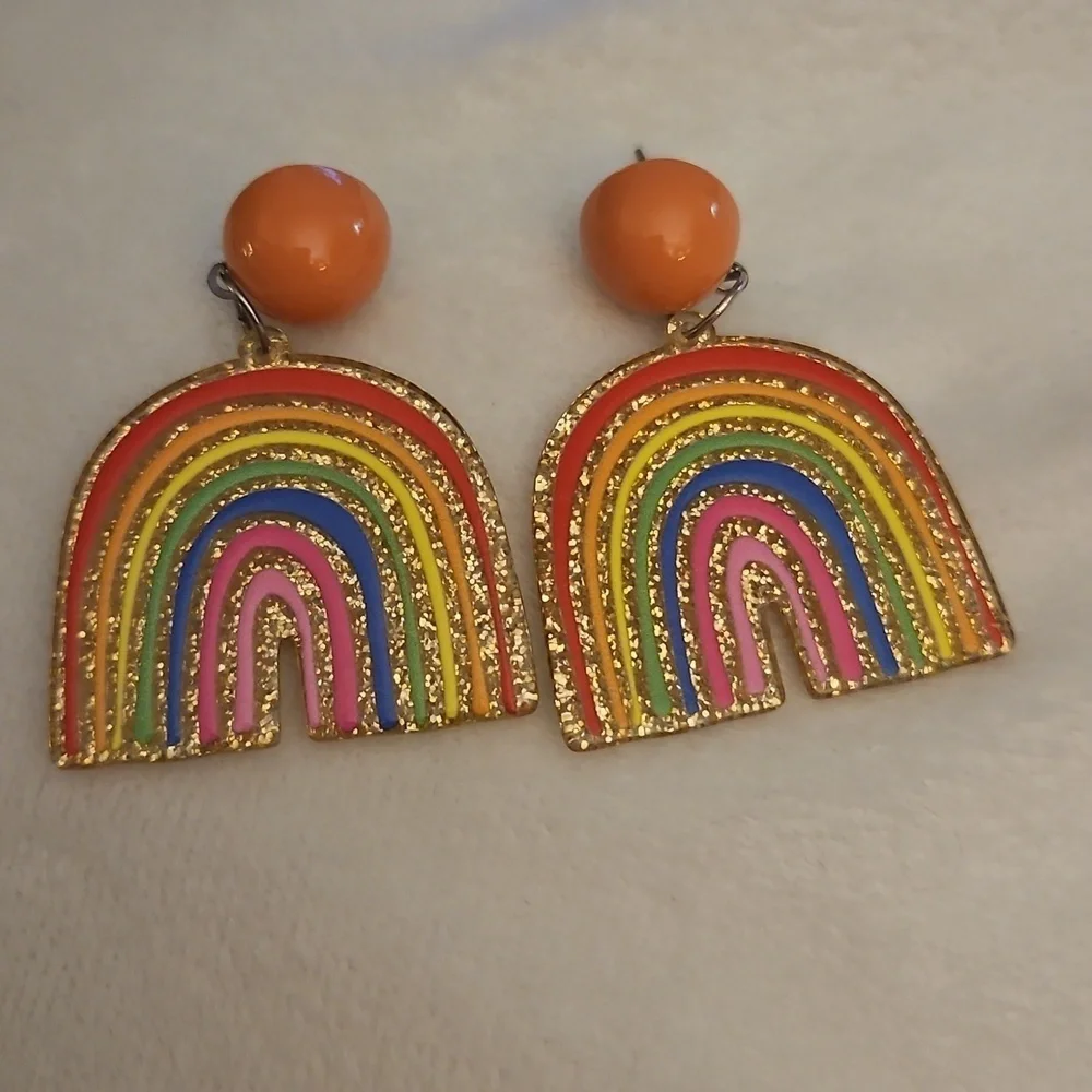 Vintage 1980s Colorful Acrylic Glitter Rainbow Festival Dangle Post Earrings